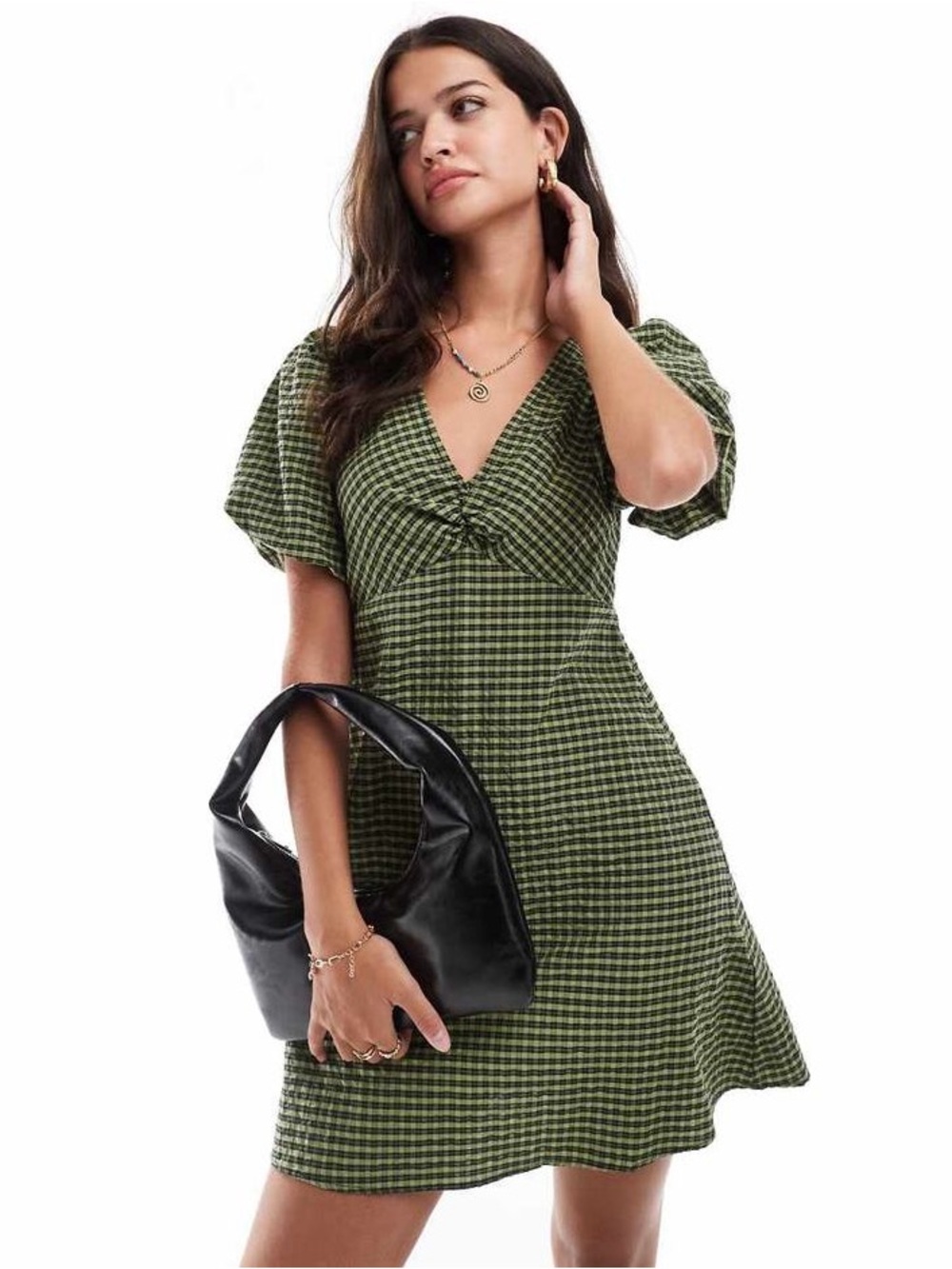 Nobody’s Child Green Gingham Ruched Mini Dress Puff Sleeve